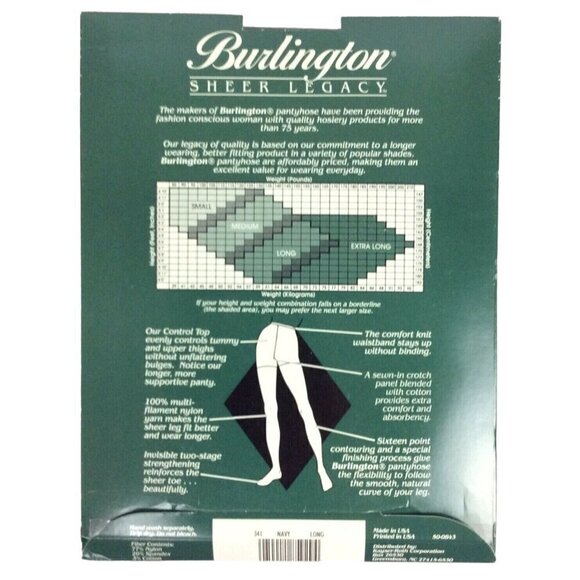 Burlington Sheer Legacy Pantyhose Long Navy Blue Tummy Hip Control Sandalfoot - Picture 2 of 3